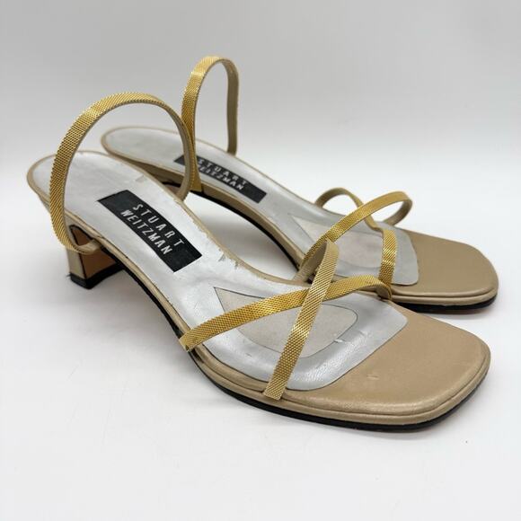Stuart Weitzman Vintage Rexall Strappy Square Toe Open Back Sandal Heel Gold 7 - Picture 1 of 11
